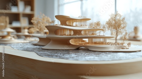 Modern architectural model with organic forms and natural elements