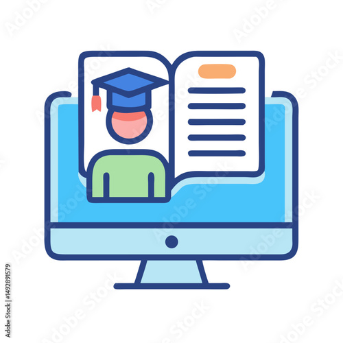 Online education icon featuring a student and open book