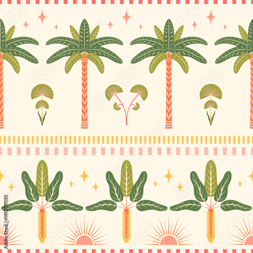 Tropical border seamless pattern vector illustration. Horizontal summer design with palm trees, stars, half sun elements, dashed lines on light background. Nostalgic boho retro-inspired repeat tile