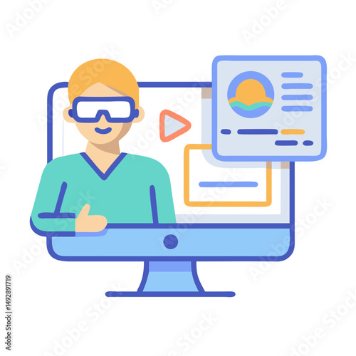 Person using virtual reality on computer with positive feedback