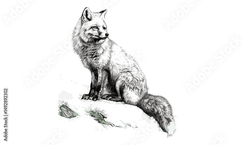 Arctic Fox in Snow, Hand-etched Wildlife Line Drawing, Vintage Fauna Art, Monochrome Northern Fauna Illustration, Black Sketch, Scientific Animal Sketch, Trendy Wall Decor