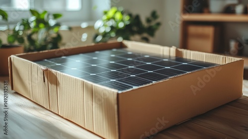 Solar panel packaged in cardboard box on wooden table with indoor greenery