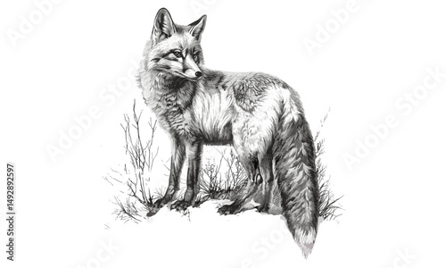 Vintage Winter Fauna Art, Arctic Fox in Snow, Monochrome Wildlife Line Drawing, Hand-etched Animal Sketch, Northern Fauna Wall Decor, Black Sketch, Engraving Style