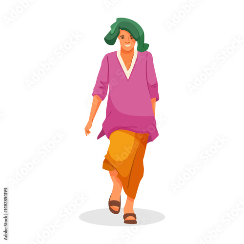 Smiling woman in colorful traditional clothing walking, flat style, white background. Concept of cultural fashion and positivity. Vector illustration