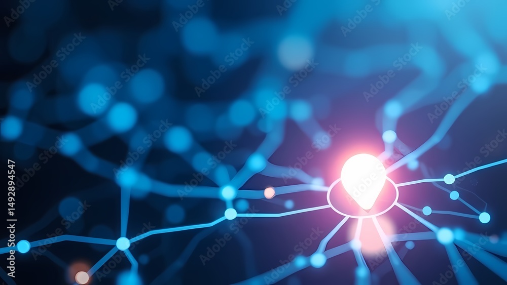 Obraz premium A glowing network map pin creates a futuristic technology background with abstract data flow.