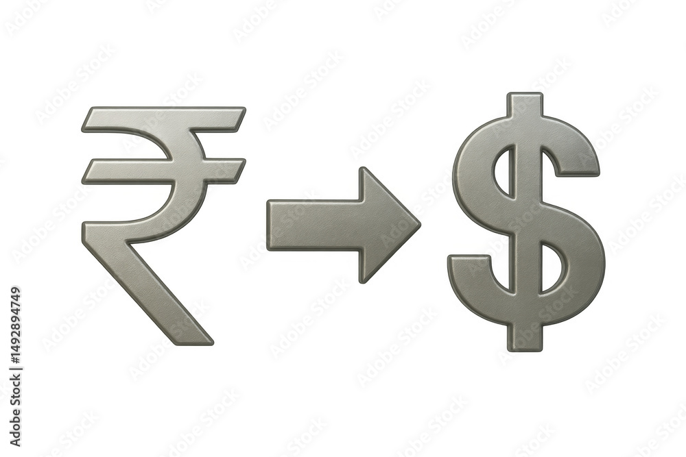 Metallic rupee morphing into dollar sign, symbolizing international financial transformation against transparent backdrop Metallic rupee morphing into dollar sign, symbolizing international financial transformation against transparent backdrop