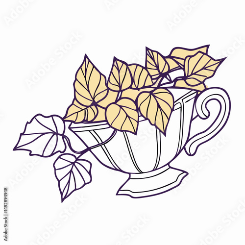 Line art drawing of plants in a teacup