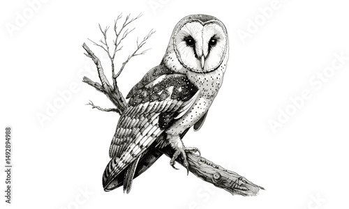 Monochrome Owl Art, Barn Owl Perched on Branch, Vintage Bird Illustration, Hand-drawn Etching, Rustic Animal Line Drawing, Ornithology Wall Decor, Black Sketch, Wildlife Print