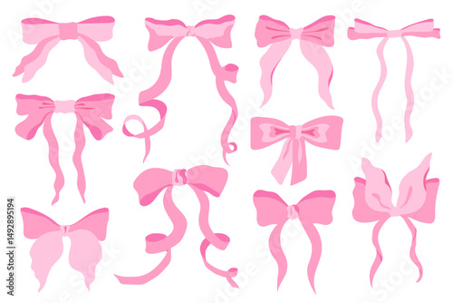 Wallpaper Mural Pink bows vector illustration set. Cute coquette curved ribbon bows isolated on white background. Feminine decor for baby shower design, baby girl party, hairstyle, birthday clipart in flat style Torontodigital.ca