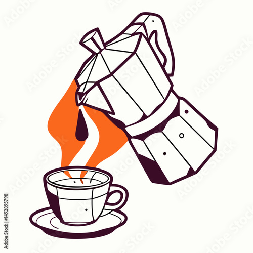 Moka Pot Pouring Coffee into Cup: Illustration
