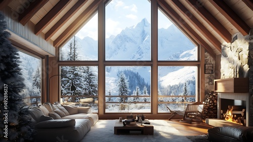 Mountain cabin living room panorama