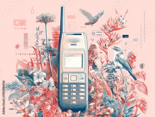 modern illustration of an obsolete mobile phone from 1990th surrounded by blooming flowers