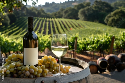 White wine tasting in a vineyard with a glass and a bottle standing on a barrel alongside fresh grapes