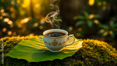 A steaming cup of coffee on a saucer sits on a large green leaf in a lush sunlit forest with bokeh light effects creating a peaceful tropical vibe