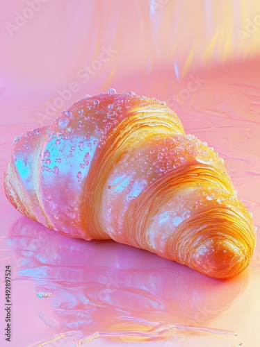 Croissant with dew droplets on a vibrant pink surface at a creative food styling studio Generative AI