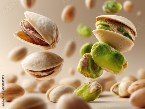 shelled and unshelled pistachios floating separately in mid-air, clean soft background