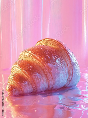 Croissant placed on reflective surface with soft pastel background in an artistic food display Generative AI