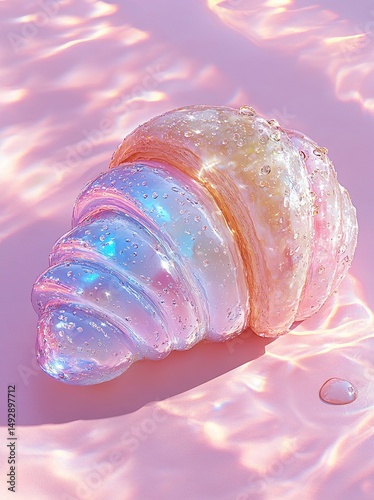 Colorful iridescent shell with water droplets on a reflective surface during bright daylight Generative AI