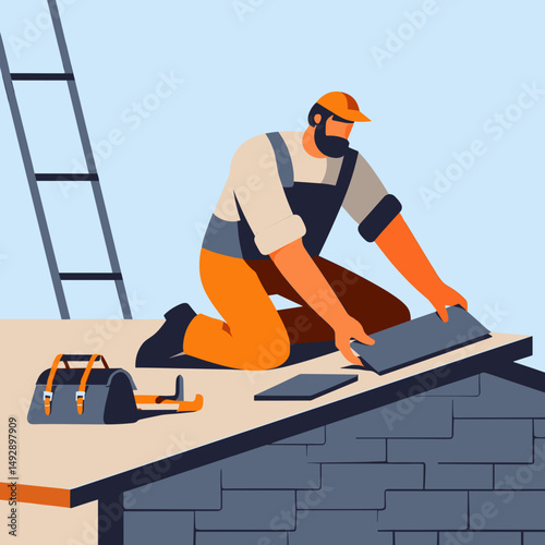 Roofer installing shingles on house rooftop illustration
