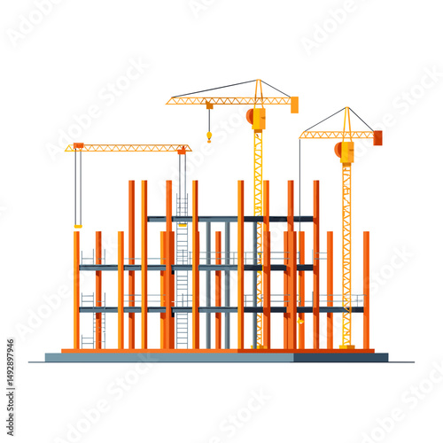 Building under construction with steel beams and cranes