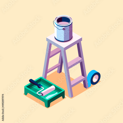 Painting setup with ladder can roller tray and tape