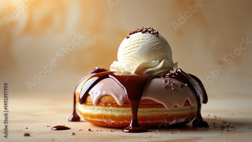 Sweet treat. A delicious donut topped with vanilla ice cream and rich chocolate sauce.