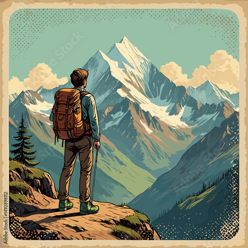 Man standing with backpack looking at snowy mountain peak