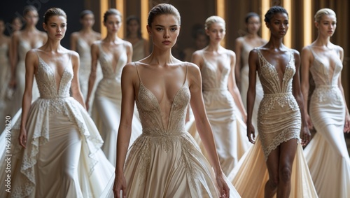 A woman of Caucasian descent models a stunning champagne-colored gown, its plunging neckline and intricate beading create a luxurious feel. The runway setting adds to the overall glamorous atmosphere.