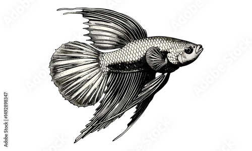 Betta Fish Swimming, Monochrome Etching of Tropical Fish, Vintage Scientific Illustration, Rustic Aquatic Nature Print, Black Sketch, Retro Style, Old Engraving Art