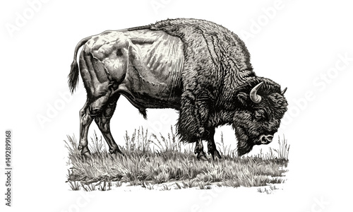 Bison Grazing, Vintage Wildlife Line Art, Hand-etched Engraving, Monochrome Animal Sketch, Rustic Nature Decor, Black Sketch Print, Vintage American Wildlife