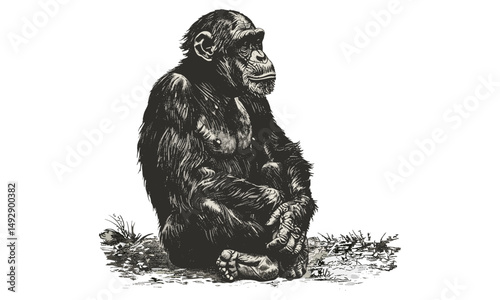 Bonobo Sitting Calmly, Antique Engraving Style, Endangered Primate Etching, Vintage Scientific Illustration, Rustic Wildlife Line Art, Black Sketch, Wall Decor, monochrome print