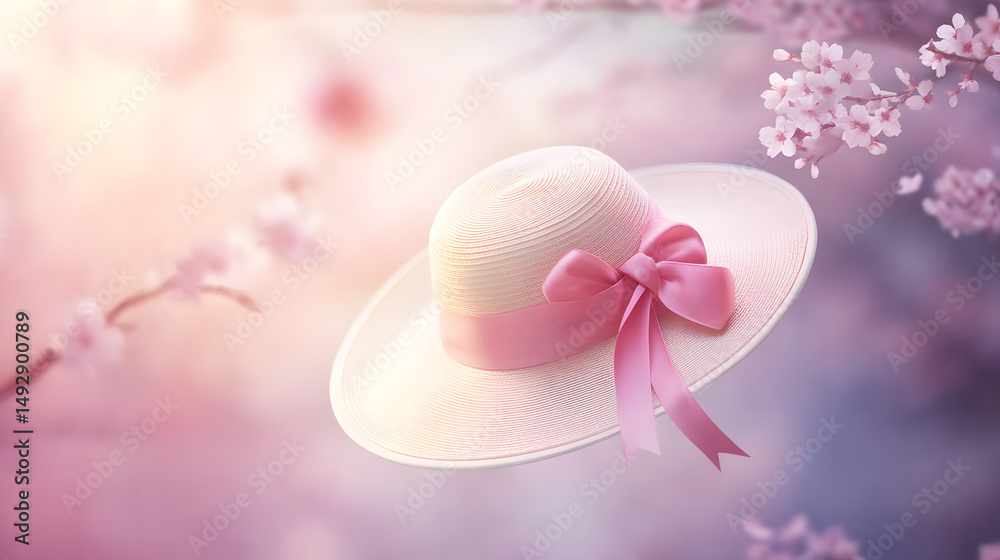 Fototapeta premium Elegant Hat Amidst Cherry Blossoms: A stylish straw hat, adorned with a delicate pink ribbon, rests gracefully among the soft hues of blooming cherry blossoms.