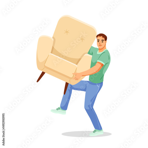Young man lifting large beige armchair, cartoon style, on plain white background. Concept of moving, home relocation, or furniture transport. Vector illustration