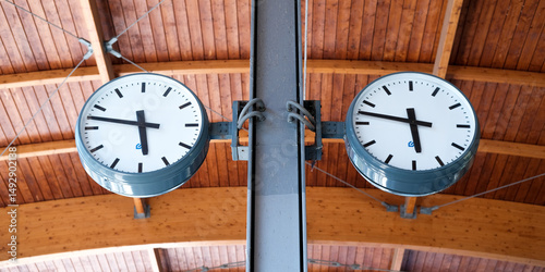 Fototapeta Naklejka Na Ścianę i Meble -  Two round station clocks with black hands and a white dial are mounted on a metal pole and show the time against a wooden plank ceiling. Railway banner with copy space