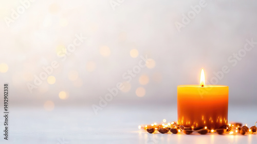Single lit candle with soft glowing flame on light background, surrounded by small decorative beads or stones, creating warm and peaceful atmosphere, perfect for relaxation or meditation