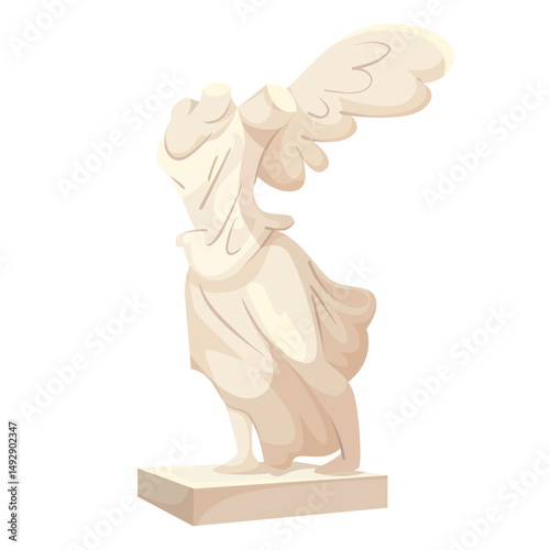 Iconic ancient Greek statue Winged Victory of Samothrace shown in soft pastel vector style on white background, concept of classical art. Vector illustration