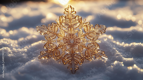 Isolated snowflake on a snowy background, showcasing its intricate, symmetrical design 