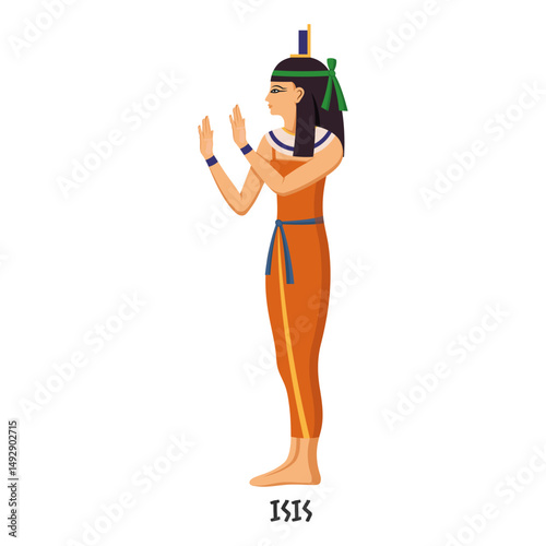 Depiction of ancient Egyptian goddess Isis in side profile wearing traditional orange dress, flat graphic style, on a white background. Concept of Egypt god. Vector illustration