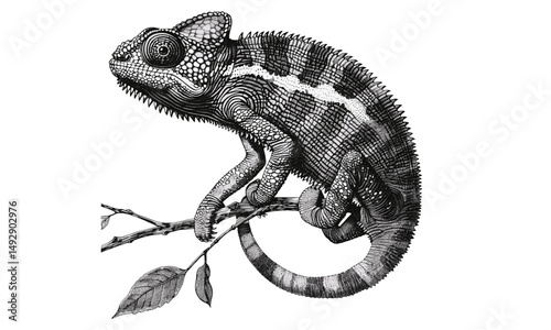 Monochrome Animal Line Art, Chameleon Sketch, Vintage Etching Reptile, Rustic Wildlife Print, Hand-drawn Reptilian, Old Illustration Style, Wall Art Decor, Trendy Nature Graphic