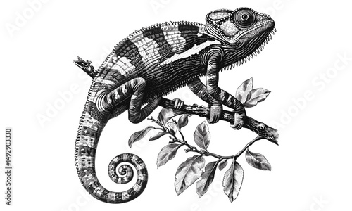 Vintage Reptile Drawing, Chameleon Climbing Forward, Hand-drawn Engraving, Rustic Animal Print, Nature Decor, Black Sketch, Wildlife Art, Old Engraving Style, Trendy Reptile Artwork