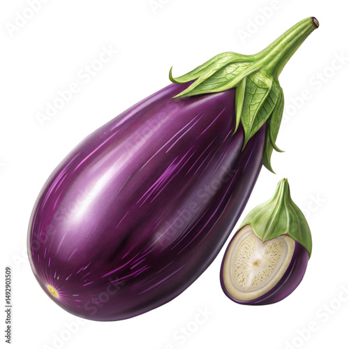 Large, shiny purple eggplant paired with a halved counterpart shows internal texture on transparent background