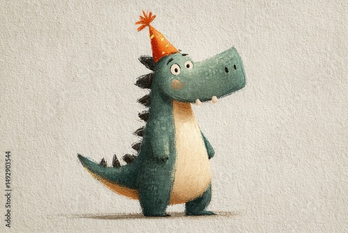 Cute happy birthday card illustration with cartoon dino wearing party hat on white background. T-Rex character design for children holiday celebration 