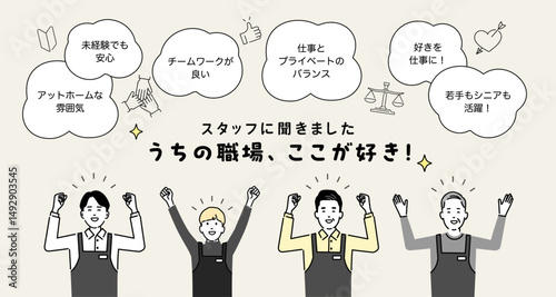 採用コンテンツ（小売、飲食）、職場の好きな所のデザインテンプレート