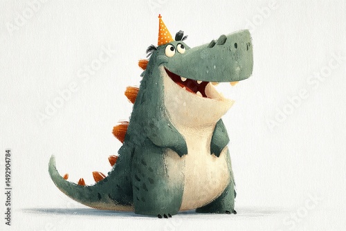 Cute happy birthday card illustration with cartoon dino wearing party hat on white background. T-Rex character design for children holiday celebration 