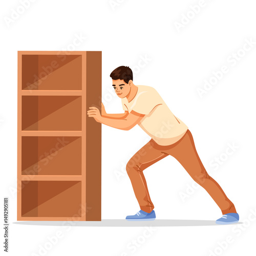 Male character in casual clothes pushing large empty bookshelf, cartoon style, on white background. Concept of hard work and effort. Vector illustration