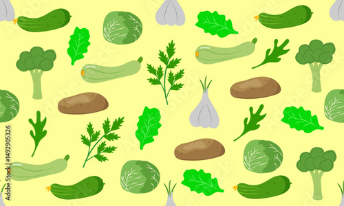 Seamless vegetable pattern. Healthy food - icons of garlic, cabbage, zucchini, broccoli, greens. Vector illustration