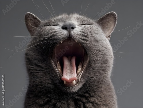 Adorable smoke Chartreux cat yawning widely captured in front view portrait showcasing feline charm personality