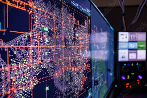 Real-time energy consumption heatmaps overlaying city models with industrial HMI panels and fiber optic data transmission lines showing grid frequency stabilization