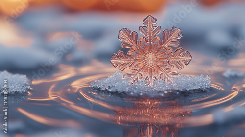 Isolated snowflake on a snowy background, showcasing its intricate, symmetrical design 
