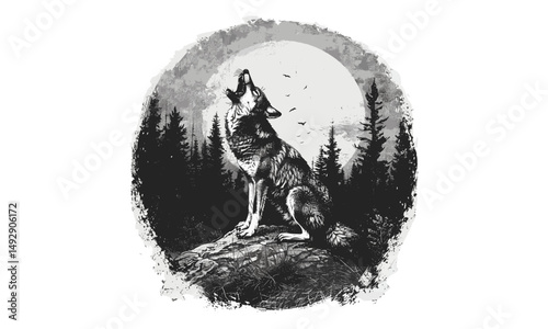 Coyote Howling at Night, Monochrome Animal Etching, Vintage Wilderness Illustration, Hand-etched Wild Dog Drawing, Rustic Wildlife Art, Nature Wall Print Decor, Old Engraving